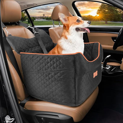 Dog Car Seat - Memory Foam Dog Booster Seats for Small Dogs Up to 25lbs-Elevated Pet Car Seat with Storage Pockets and Dogs Seat Belt-Pet Travel Bed for Front & Back Seats-Removable Washable-Black