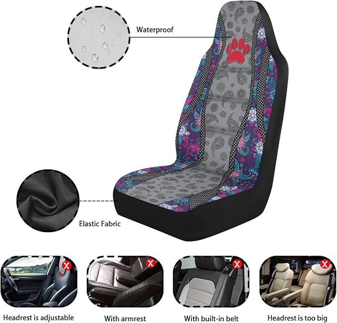Red Paw Print Car Seat Covers Non-Slip Automobile Seat Covers Boho Flower Waterproof Front Seat Cushion Interior Auto Accessory Protection for Cars Truck Van, 2 Pcs Set