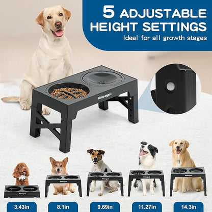 3-in-1 Elevated Slow Feeder Dog Bowls for Food and Water, 5 Heights Adjustable Raised Dog Bowls, Non-Slip, No Spill, for Small Medium Large Dogs and Cats(Grey)