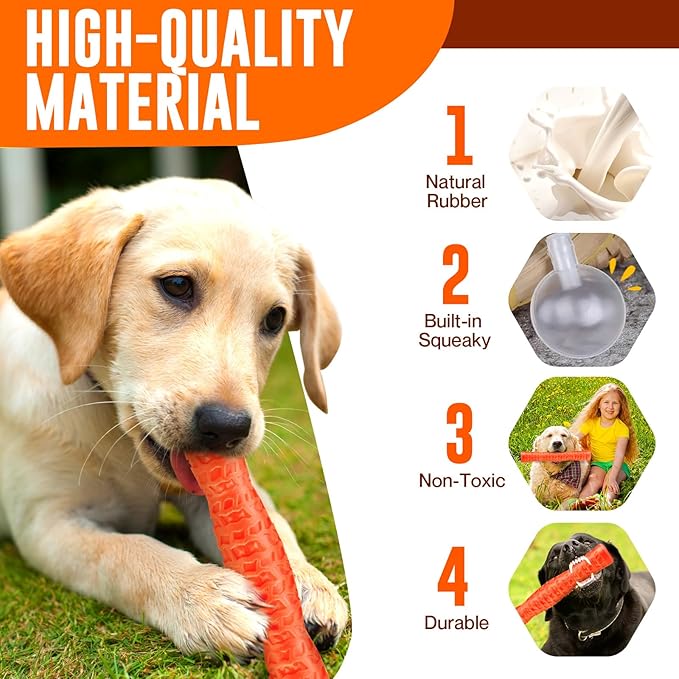 Dog Squeaky Toys Interactive Dog Toys for Aggressive Chewers Tough Rubber Chew Toys for Medium/Large Breed, Indestructible Puppy Chew Toys for Teething (Orange)