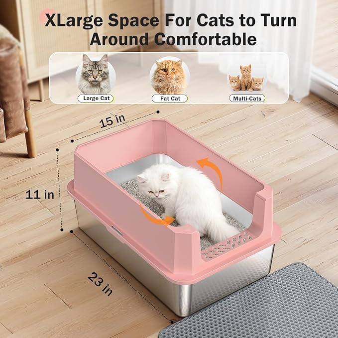 Stainless Steel Litter Box, Extra Large Litter Boxes for Big Cats, XLarge Metal Cat Litter Box with Lid, Anti-Urine Leakage XL Box with High Sides, Easy Clean, Non-Sticky, Scoop Included (Pink, XL)
