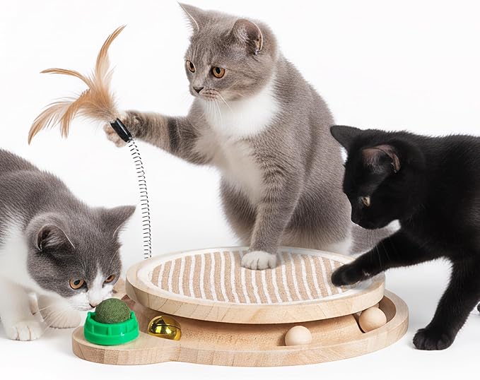 Wooden Cat Toy with Sisal Scratching Pad, Bell Wood Ball, Large Catnip Ball, Spring Feather Toy, Interactive Scratch Puzzle for Indoor Cats
