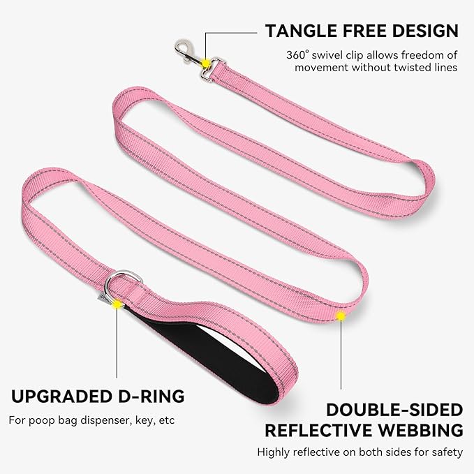 Joytale Dog Leash, 6 FT Double-Sided Reflective, Padded Handle Nylon Heavy Duty Leashes for Small Dogs Walking, Pink