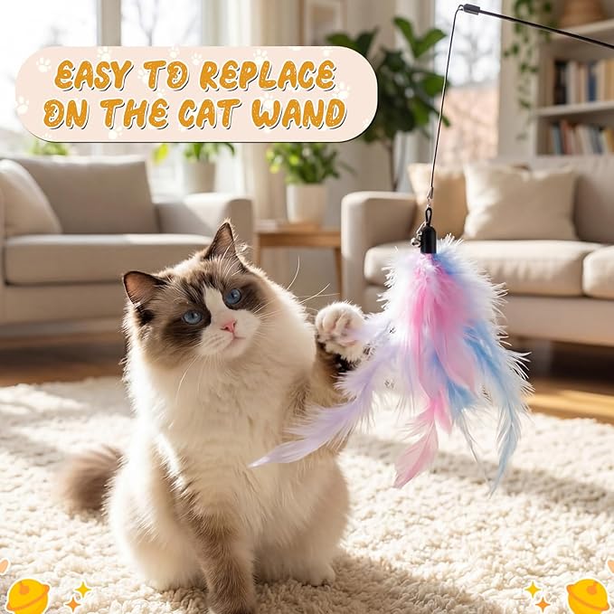 Leitee 50 Pcs Cat Feather Toys Bulk Refills Cat Wand Replacement Feathers Toy Interactive for Indoor Cats Kitten Worm Toy for Cats (Vibrant Color,Classic Style)