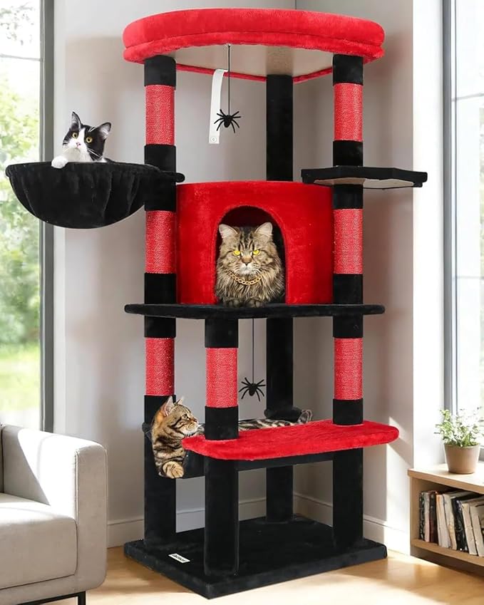 Globlazer Gothic Corner Cat Tree Tower with Scratching Post for Indoor Cats, 51inch Goth Cat Condo Tower with Large Hammock, Fan-Shaped Padded Perch, Spacious Cat Cave, Hanging Basket, C51, Red Black