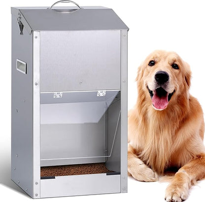 Automatic Dog Feeder Large Breed Outdoor Auto Dog Food Dispenser 25lbs Large Capacity Stainless Steel Gravity Pet Feeder Feeding Station Pet Dry Food Dispenser (M)