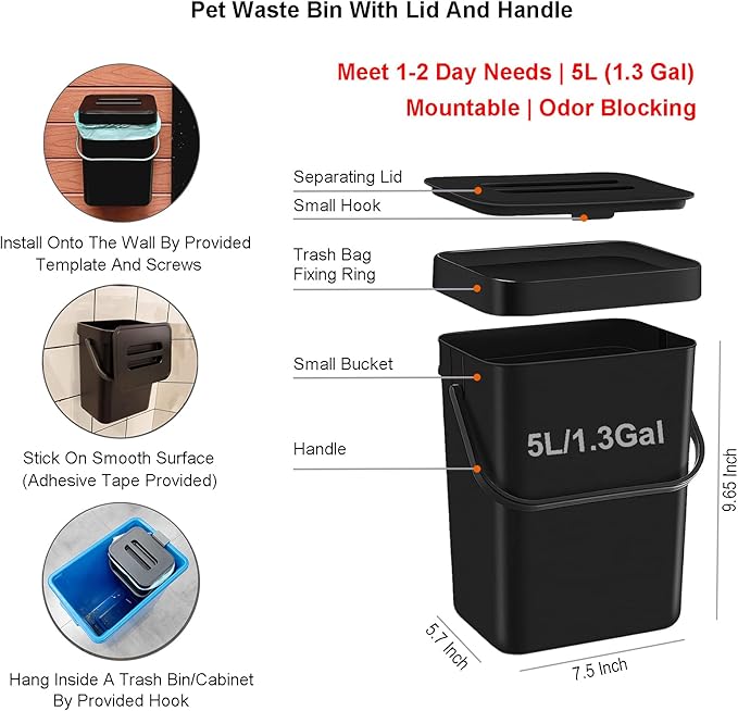 Small Dog Waste Station for Home 1.3Gallon/5L Mountable Doggie Trash Can Outdoor or Indoor Poop Bag Dispenser Wall Mounted 120 Count Pickup Bags 1 Trash Liner Roll (Mini Bucket + Dispenser + Bags)