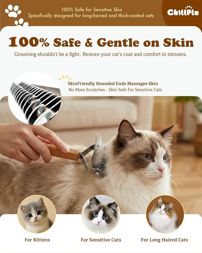 Cat Brush for Long Haired Cats - Double Sided Dematting Undercoat Rake for Persian, Ragdoll, Maine Coon - Professional Grooming Tool to Remove Mats, Tangles & Shedding - Skin-Safe Teeth