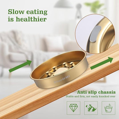 Golden Stainless Steel Slow Feeder Dog Bowls – Non-Slip Metal Dog Bowl for Large & Medium Breeds, Puppy Puzzle Feeder – 2 Cup Capacity for Small to Big Pets – Durable Slow Feed (Paw-Golden)