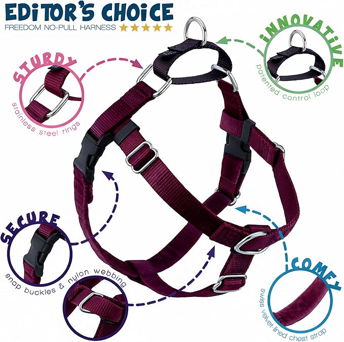 2 Hounds Design Freedom No Pull Dog Harness, Adjustable Harness, Easy Walking & Comfortable Control, Fits Small, Medium & Large Dogs, Solid Colors, Made in USA, 5/8" MD, Burgundy
