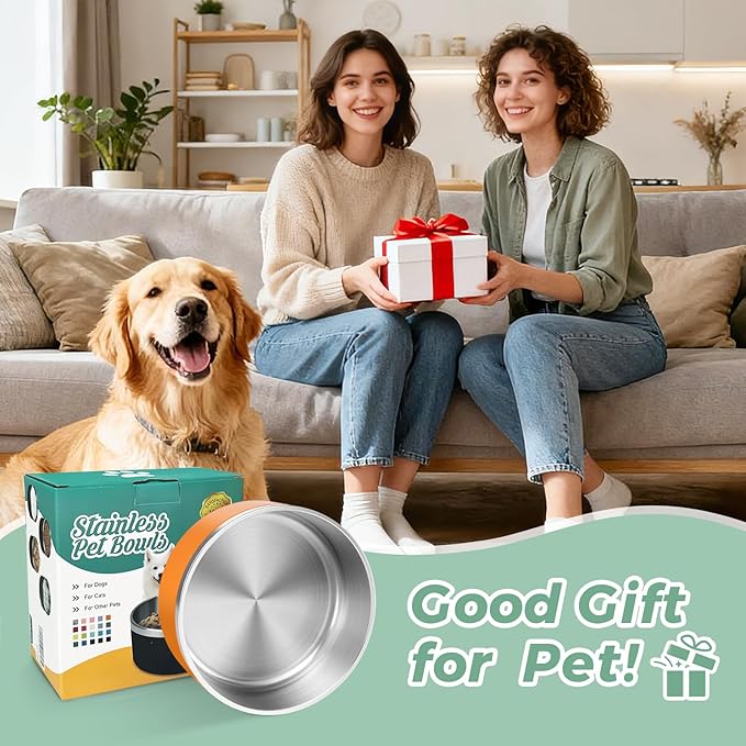 LIHONG Stainless Steel Dog Bowls for Small Meidum Sized Dogs,Dog Food Water Bowls No Slip,Dishwasher Safe(40oz,Orange)