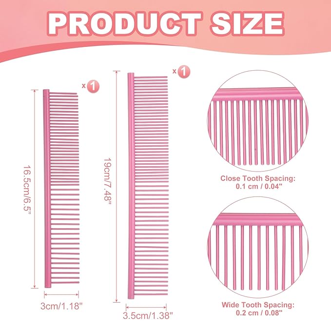 Dog Cat Comb, Pet Combs Stainless Steel Teeth with Rounded Ends for Knots Mats Loose Hair Removal, 6.5/7.5IN (Pink Coated, 2 Pack), Grooming Tool Intended for Long Curly Hair Pet