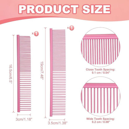 Dog Cat Comb, Pet Combs Stainless Steel Teeth with Rounded Ends for Knots Mats Loose Hair Removal, 6.5/7.5IN (Pink Coated, 2 Pack), Grooming Tool Intended for Long Curly Hair Pet
