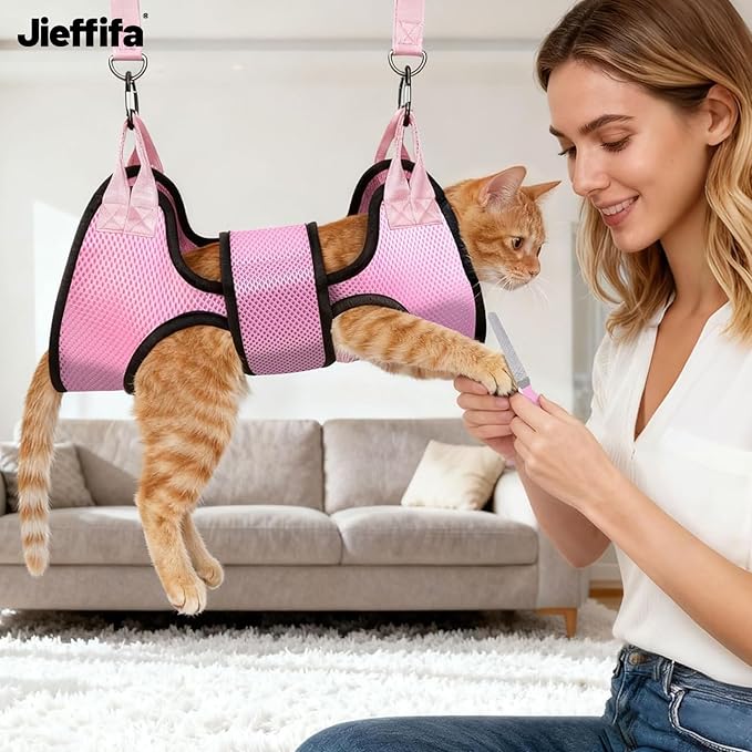 Dog Grooming Hammock, Cat/Small Dog Hammock for Nail Trim, Hanging Harness for Claw Care,Grooming Sling Holder Hanger with Thick Fabric Neck Support Wide Strap Restraint(Pink,xs)