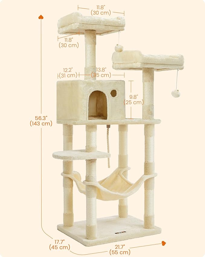 Feandrea Cat Tree, 56.3-Inch Cat Tower, Multi-Level Plush Condo with 11 Scratching Posts, 2 Perches, Hammock, Cave, Beige UPCT15BE