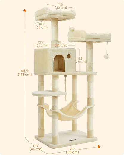 Feandrea Cat Tree, 56.3-Inch Cat Tower, Multi-Level Plush Condo with 11 Scratching Posts, 2 Perches, Hammock, Cave, Beige UPCT15BE