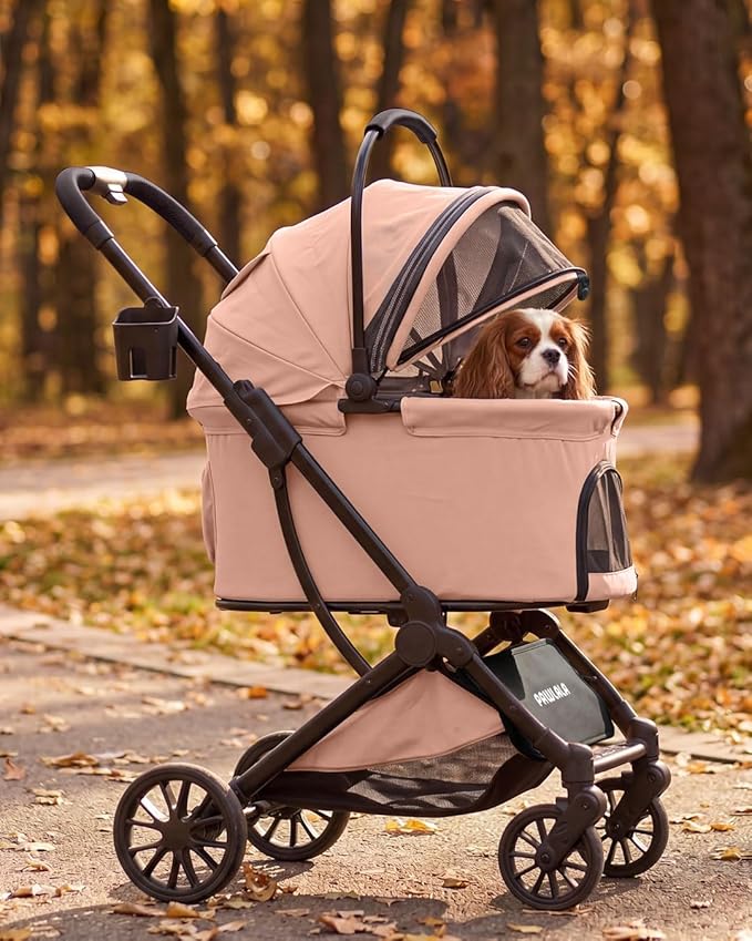 Pet Stroller with Detachable Carrier for Small, Medium Dogs & Cats, Lightweight Foldable Design, Travel-Ready, Compact Storage (Peach Pink)