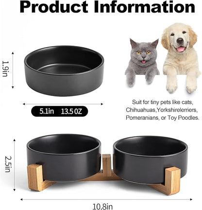 Kimdio Ceramic Dog Bowls with Wood Stand, 13.5OZ Pet Bowls Set of 2 for Medium Small Dogs and Cats - Non-Slip Base Cute Pet Food & Water Basic Bowls Glaze Matte-Black