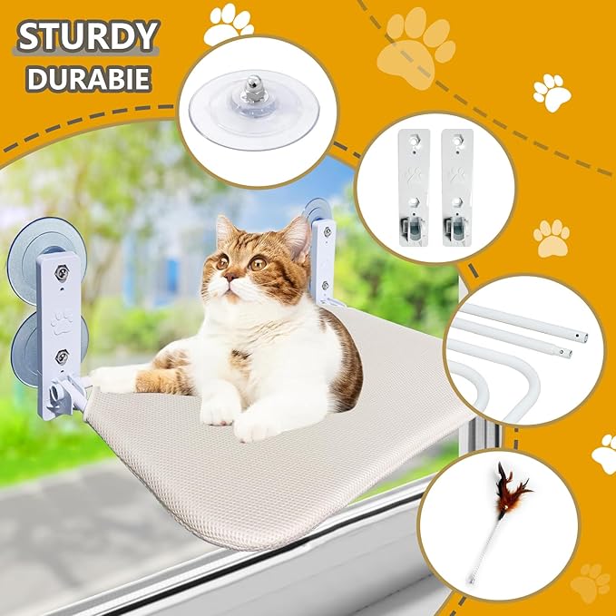 Cat Window Perch Seat Hammock, Foldable Hammock with 4 Strong Suction Cups, Easy to Assemble and Cat Wand,Cream
