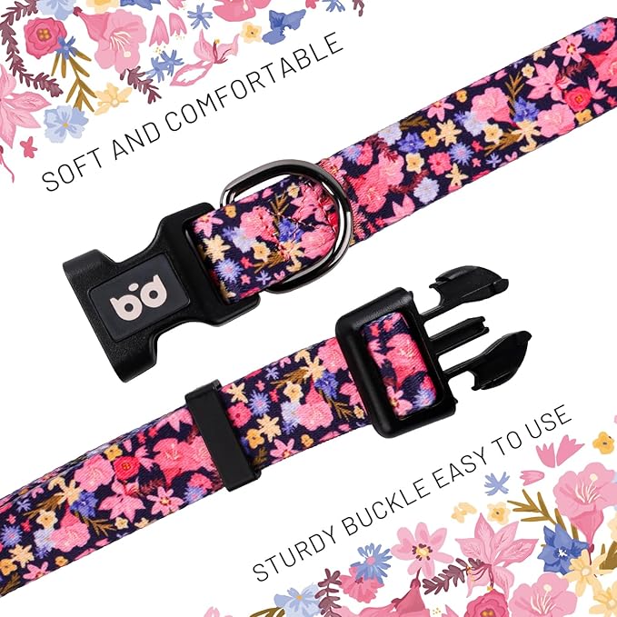 QQPETS Adjustable Soft Dog Collar: Print Flower Pink Multicolor Cute Patterns for XS Small Medium Large Pet Girl Boy Puppy Walking Running Training
