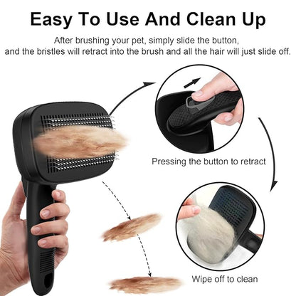 Self Cleaning Slicker Brush for Dog, Cat, Skin Friendly Shedding & Grooming Tool for Long and Short Haired Pets, Easy Clean Retractable Bristles, Black