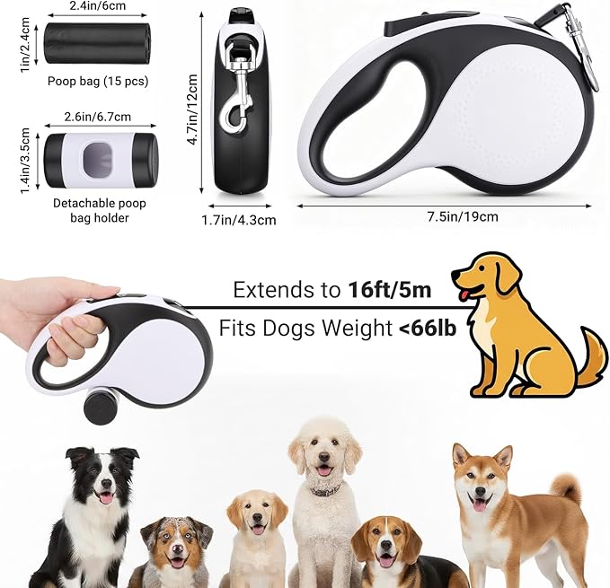 Segarty 16 Ft 360°Tangle-Free Leash with Detachable Poop Bag Holder, Retractable Lead for Dogs up to 66 lbs, 5m Long Walking Leash for Pets Outside with Anti-Slip Handle & One-Handed Brake Pause Lock