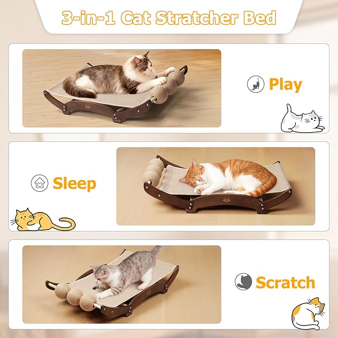 Extra-Larger Sisal Cat Scratcher Bed with Ball, 3-in-1 Cat Scratching Pad with Hammock, Natural Sisal with Solid Wood Frame Cat Scratch Post for Indoor Cats Lounger & Sleep & Scratch (Walnut)