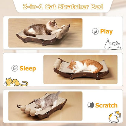 Extra-Larger Sisal Cat Scratcher Bed with Ball, 3-in-1 Cat Scratching Pad with Hammock, Natural Sisal with Solid Wood Frame Cat Scratch Post for Indoor Cats Lounger & Sleep & Scratch (Walnut)