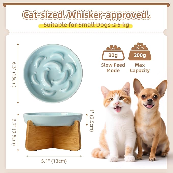 Elevated Slow Feeder Cat Bowl - Ceramic Cat Food Dish with Anti-Slip Bamboo Stand - Whisker Friendly Feeding Bowl - Raised Maze Plate for Slow Down Eating - Pale Blue