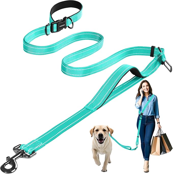 Kazazoo Hands-Free Dog Leash with Adjustable Length 6-9FT + Dual Padded Handles Reflective Safety for Walking, Jogging & Training | Suitable for Medium to Large Dogs & Puppies Green-L