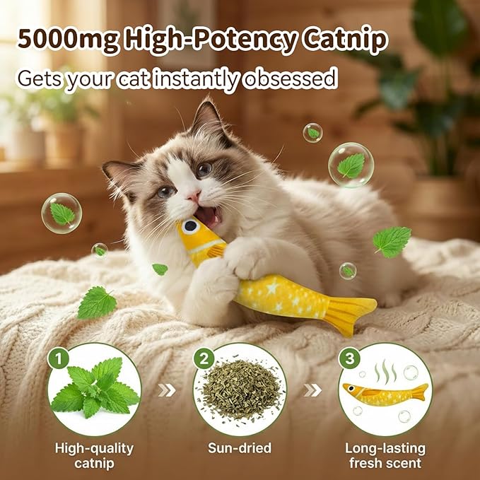 Cat Toys for Indoor Cats with 5000mg Natural Catnip Interactive Kicker Fish Toy of Crinkle Bell Sound Adult Cat Kittens Teeth Cleaning Easter Gifts Yellow Purple