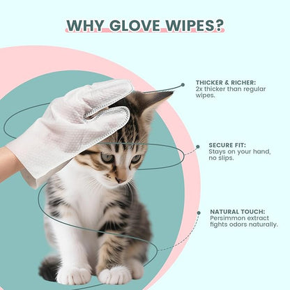 50 Pcs Cleaning Deodorizing Pet Glove Wipes for Dogs & Cats, Hypoallergenic Dog Bath Wipes with Natural Deodorizer Persimmon Tannin, Pet Bathing Wipes for Horse Coat Care Unscented
