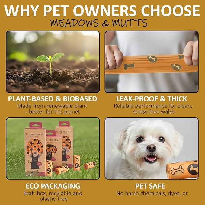 MEADOWS & MUTTS Compostable Dog Poop Bags Rolls | Biodegradable, Plant Based & Leak Proof Dog Waste Bags | Lavender Scented Orange Dog Poop Bags | Eco Friendly Poop Bags for Daily Pet Cleanup