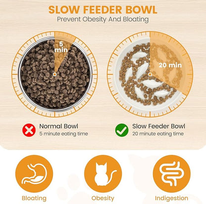 PETTOM Slow Feeder Cat Bowl with Stand, Ceramic Slow Eating Cat Bowl with Higher Edges Fish Pool Design Elevated Food Bowls for Dry and Wet Food Anti-Vomiting Puzzle Feeder for Healthy Eating Diet