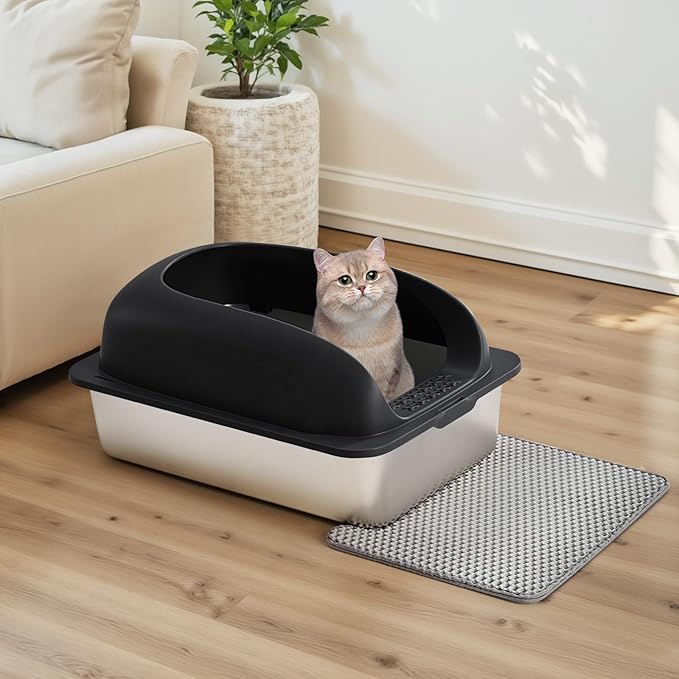 OLIXIS Stainless Steel Cat Litter Box with Lid, Large Cat Litter Box for Big Cats, High Wall Sides, Anti-Urine Leakage, Easy Cleaning, Scoop and Mat Included, Black