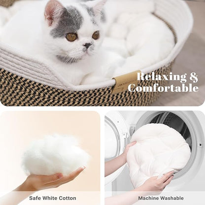 CHEERHOME PETS Cat Bed Basket with Cushion, Cute Pet Bed for Indoor Cats Couch, Kitten Bed for Medium and Large Cat, All Season Universal (Brown)