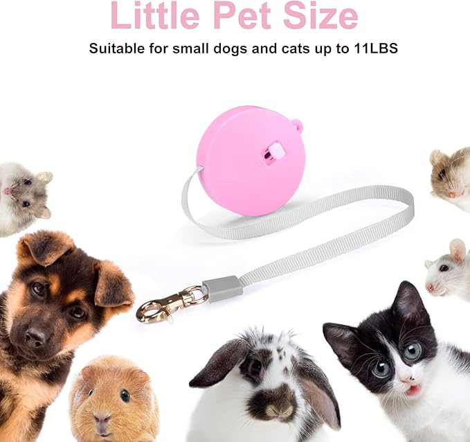 Retractable Dog Leash for Small Dogs Cats up to 11lbs with 6.5ft Anti-Pull Strong Nylon Tape, Hands Free, Mini and Portable Walking Leash with Wrist Strap, One-Hand Brake, Pink Round