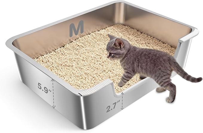 Low Entry Litter Box for Senior Kittens Disabled Cats - Stainless Steel High Sided Enclosed Easy Step in Entry - Large Metal Kitty Litter Box Easy to Clean(17.7"x13.8"x5.9")