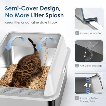 Stainless Steel Litter Box with Lid, Sifting Litter Box for Pine Pellets, 17.3”×13.4”×10.5” Enclosed Metal Litter Boxes for Small Cats & Kittens, High Sided Anti-Leakage, Easy Cleaning, Less Tracking