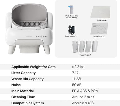 Neakasa M1 Plus Lite Open-Top Self Cleaning Cat Litter Box, Automatic Cat Litter Box with APP Control, Upgraded Safety Protection, Odor Control, Includes 1 Roll Waste Bag