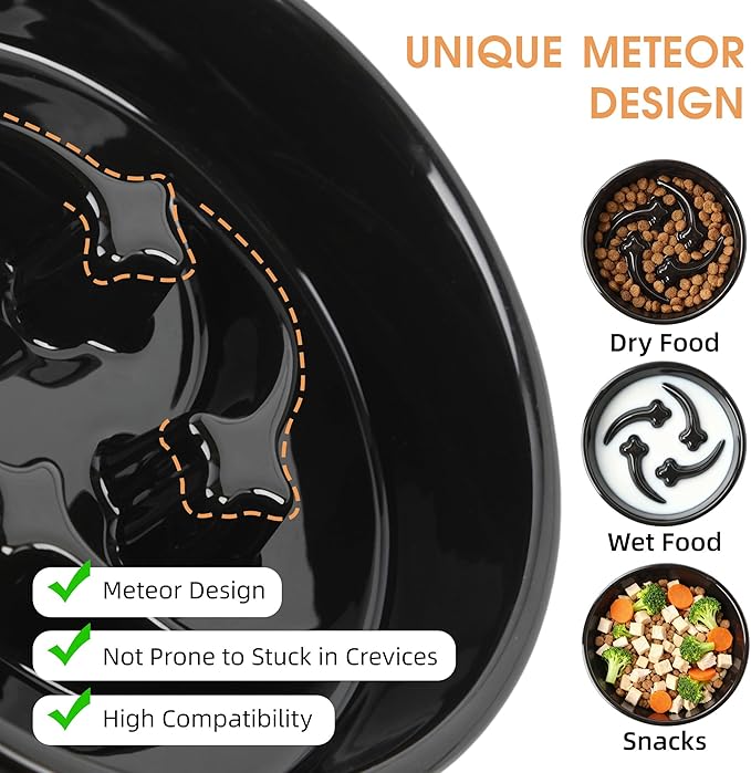 Ceramic Slow Feeder Dog Bowls Small Breed, 0.6 Cups Slow Eating Dog Bowl, Anti-Gulping Puppy Food Bowl Reduce Choking, Puzzle Maze Design Pet Dishes for Fast Eaters, 6.3 inch - Black