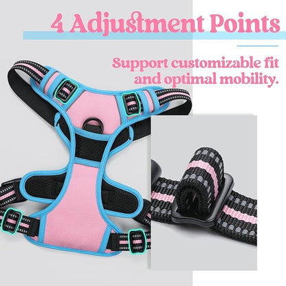 rabbitgoo Dog Harness No Pull with 2 Leash Clips, Adjustable Soft Padded, Reflective Oxford No Choke Pet Vest with Easy Control Handle for Medium Sized Dogs, Pink & Blue, M