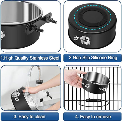 2 Pack Kennel Water Bowl,2-in-1 Stainless Steel Dog Crate Water Bowl No Spill,Hanging Dog Bowls for Kennel Cage,Metal Pet Food Feeder Dish with Non-Slip Base for Dogs Cats Bunny Ferret Bird