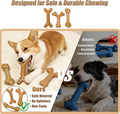 Dog Chew Toys for Aggressive Chewers, 3 Pack Nylon & Wood Teething Bone Toy Set with Chicken Flavor, Durable Tough Bones Chewing Toys for Medium & Large Dogs