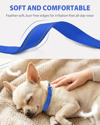 Joytale Puppy Collar, Feather-Light Double-Sided Reflective Nylon Collar for Night Safety, Adjustable Quick-Release for Extra Small Dogs, Navy Blue, XS (3/8" Width)