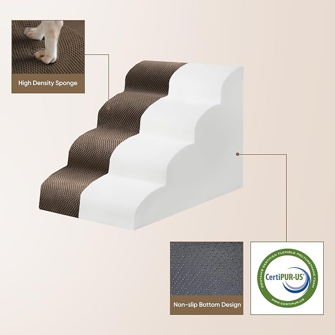 PAWSCART Pet Stairs for Dogs 5-Step, 22.8" H Pet Stairs for High Bed, Couch Sofa & Chair, 30D Material Soft Foam Dog Steps with Non-Slip Bottom Surface Removable Washable Cover, Brown