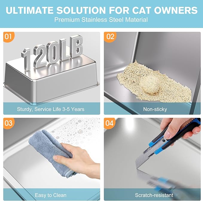 2PACK Stainless Steel Cat Litter Box,Large Litter Box with High Sides for Multiple Cats,Kittens,Metal Kitty Litter Boxes with Anti-Leak Lid,Non-Stick,Odorless,Easy to Clean,Scoop Included