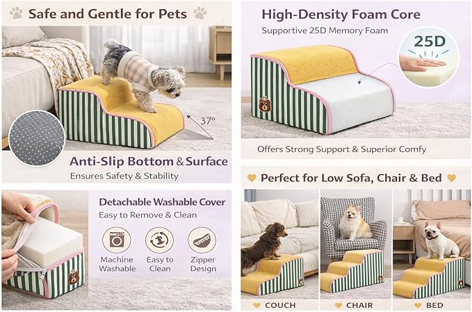 Dog Steps for Small Dogs, Dog Stairs for Bed, Curved Pet Stairs for Puppy and Cat, Doggie Ladder with Washable Cover, Pet Ramp for Sofa, Non-Slip Pet Stairs for Indoor Use(3 Step)