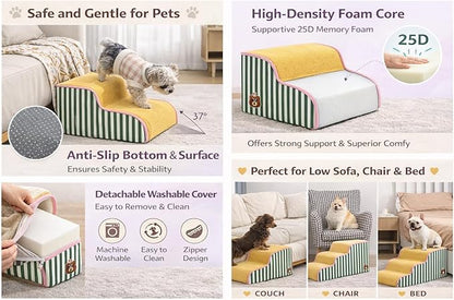 Dog Steps for Small Dogs, Dog Stairs for Bed, Curved Pet Stairs for Puppy and Cat, Doggie Ladder with Washable Cover, Pet Ramp for Sofa, Non-Slip Pet Stairs for Indoor Use(3 Step)