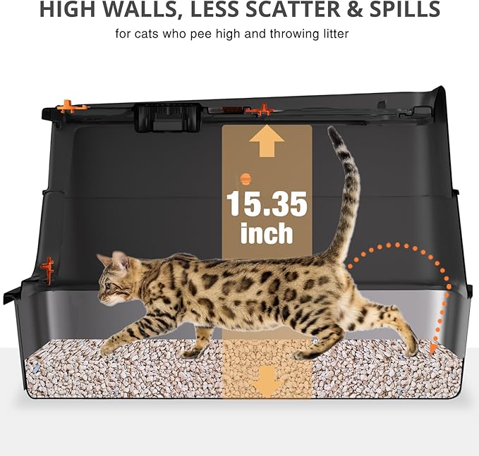 Stainless Steel Cat Litter Box, XL Enclosed Cat Litter Box with Lid, Easy to Clean High-Sided Metal Kitty with Top Entry, Scoop, Mat, Brush & Foot Pedal-Black